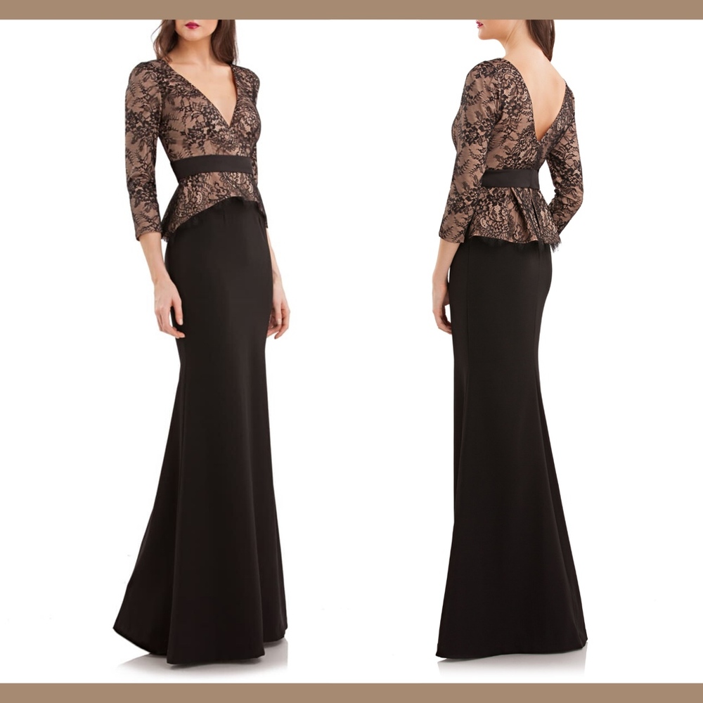 NWT $288 JS COLLECTIONS Lace & Crepe Peplum Gown Black/Nude‎ [SZ 4 ]